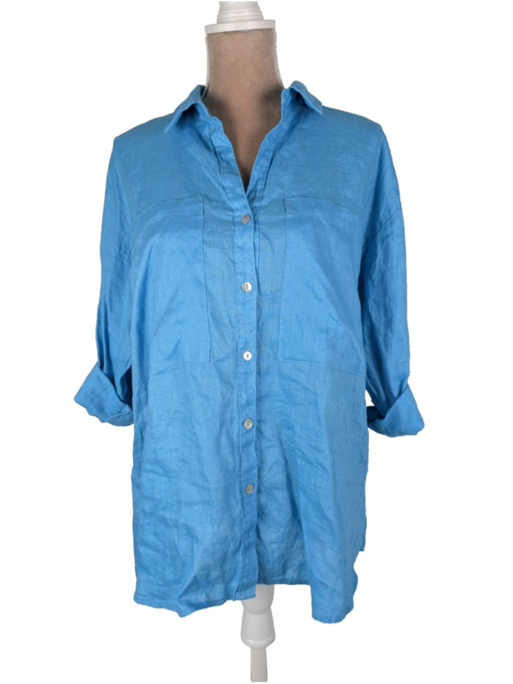 NWT Magaschoni Oversized Linen Button Down Shirt Top Aqua Blue Sz S Nautical